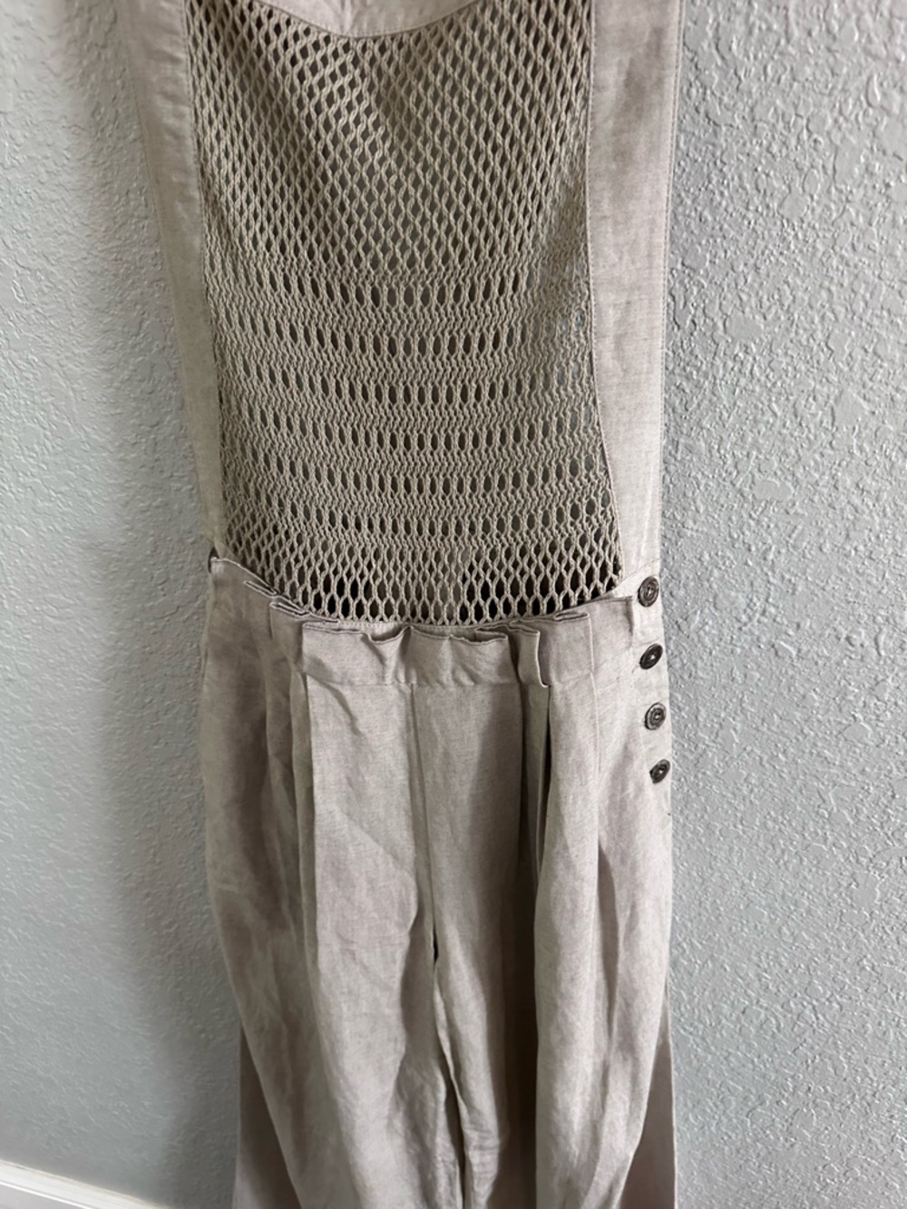 Nanette Lepore Linen Wide Leg Jumpsuit Crochet Bib Suspender Pants Neutral Boho - Picture 6 of 12